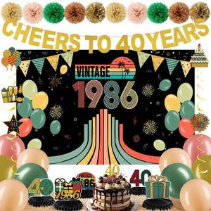 lot 16100 image: 31 Pcs Retro 40th Birthday Decorations Set for Men Women, Pre-strung Vintage 1986 Banner Party Supplies, Vintage 1986 Backdrop, Cake Topper, Balloons, Table Centerpieces, Hanging Swirls, Paper Pompoms
