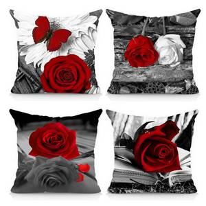 lot 16125 image: Okasion Set of 4 18x18 Flower Throw Pillow Covers Red Rose Gray Black Decorative Pillow Covers Couch Bed Sofa Floral Square Pillow Cover Red Black Linen Farmhouse Pillow Case Spring Summer (Red Black)