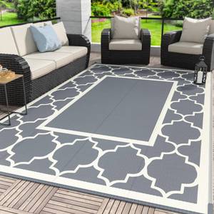 lot 17712 image: GENIMO 6 x 9 Outdoor Rug Waterproof for Patio Decor, Foldable Reversible Plastic Straw Area Rugs Mat for Camper, Outside Carpet for Rv, Deck, Porch, Picnic, Beach, Balcony, Grey & Beige White