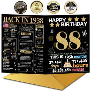lot 18418 image: Joycard 88th Birthday Card with Envelope, 88th Birthday Decorations for Women Men, 88th Birthday Gifts for Grandpa Grandma, Happy Birthday Cards for 88 Year Old Mother Dad, Back in 1938
