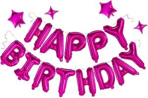 lot 18419 image: Hot Pink Happy Birthday Banner Balloon Aluminum Foil 16 Inch Letter,10 Inch Five Pointed Star Four Pointed Star Suitable for Kids, Men, Women, Boys and Girls Party Decoration Supplies