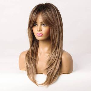 lot 18423 image: MAGQOO Ombre Brown Wigs Women Long Layered Brown Wig Ombre Brown Layered Wig with Bangs Synthetic Heat Resistant