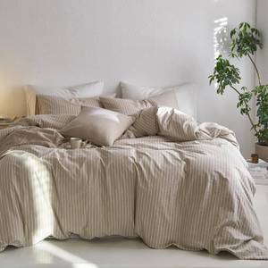 lot 18426 image: MooMee Striped Duvet Cover Set 100% Washed Cotton Linen Like Textured Breathable Durable Soft Comfy (Tannish Linen Grey White Wide Stripes, Full 80x90)