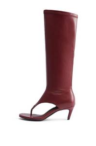 lot 19713 image: sexytag Womens Peep toe Booties Thong Sandals Kitten Low Heel Open Toe Knee High Boots Side Zipper Stretch Tall Sandal Boots Burgundy Red Size 8
