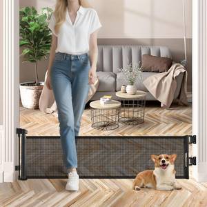 lot 19732 image: Short Dog Gate, 14 H Retractable Dog Gates, Mesh Retractable Step Over Pet Gates Puppy Gate, Extended up to 55 Wide for Stairs & Doorways Hallways - Drilling Required (Black)