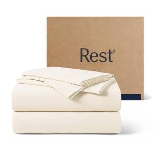 lot 19738 image: REST� Evercool� Cooling Sheet Set, King Size, Snow Ivory, Breathable Bed Sheets for Hot Sleeper and Night Sweats, with Pillowcases, with Ionic Self-Cleaning Silver Yarn for Sensitive Skin, 4PCS