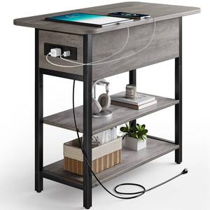 lot 19739 image: Yoobure End Table with Charging Station, Flip Top Side Table with USB Ports and Outlets, Sofa Couch Table Bedside Table for Living Room Bedroom, Narrow Nightstand with Shelves for Small Space Gray