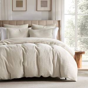 lot 19741 image: WDCOZY 100% Cotton Luxury Honeycomb Duvet Cover Set Queen Size with Hidden Zipper, Neutral Beige Waffle Weave Bedding, Textured Soft and Breathable Washed, Linen Like, 3 Pieces, 90x90 inches