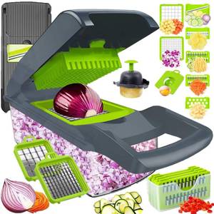 lot 19748 image: Vegetable Chopper Dicer with Container  Cheese Grater Mandoline Slicer Cabbage Shredder French Fry Cutter Stainless Steel for Veggie Onion Potato Fruit Food, Manual Hand Cooking Gadget for Kitchen(Used)