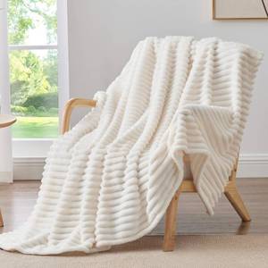 lot 19752 image: BEDELITE Fleece Throw Blanket for Couch - 300GSM Soft & Warm Fluffy Cream Blanket, Decorative and Giftable Striped Blankets for Women, Men, 50x70