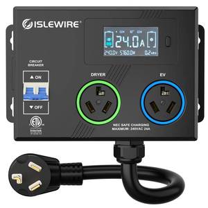lot 19767 image: islewire Smart Dryer Splitter for EV and Dryer, 240V Auto Power Switch for Dryer Outlet, 3-Color LED Ring, 3.4 in LCD Display, No Rewiring Needed, ETL Certified (24 Amp, NEMA 10-30)