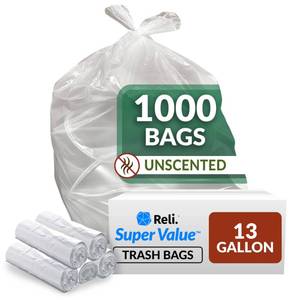 lot 19775 image: Reli. SuperValue 13 Gallon Trash Bags  1000 Count Bulk  Tall Kitchen  Can Liners  Clear Multi-Use Garbage Bags