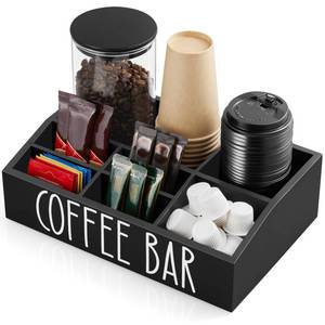 lot 19778 image: ALELION Coffee Station Organizer for Countertop - 7 Compartments Coffee Bar Accessories and Organizer with Removable Dividers - Black Coffee and Tea Condiment Organizer
