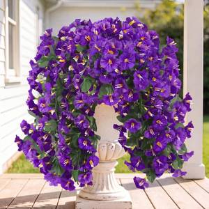lot 19784 image: Sggvecsy Artificial Fake Hanging Flowers Plants for Outdoor Outside Spring Summer Decoration 2PCS Faux Silk UV Resistant Realistic Morning Glory Trailing Vines for Home Porch Patio Balcony(Purple)