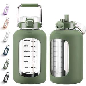 lot 19786 image: MUKOKO 100oz Glass Water Bottle with Time Marker and Silicone Sleeve 3L Large Water Jug with Stainless Steel Handle Gallon Drinking Bottle with 2-in-1 Lid Wide Mouth BPA Free, Oliver (BROKEN LID)