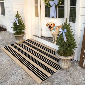 lot 19790 image: KIMODE Striped Outdoor Rug 3x 5,Washable Reversible Striped Outdoor Patio Rugs,Cotton Hand Woven Farmhouse Welcome Layered Door Mats for Front Door Entryway Porch Spring Decor Black and Khaki