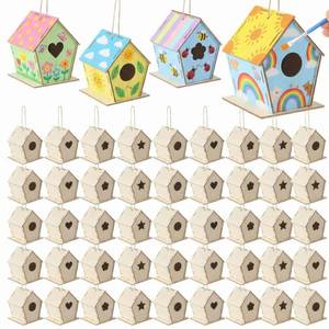 lot 19795 image: DoubleFill 60 Pcs 4. 33 DIY Wooden Birdhouses Craft for Kids Unfinished Wooden Birdhouse Kits Wood Painting Kit to Build and Paint Unpainted Birdhouses for Children Easter Crafts