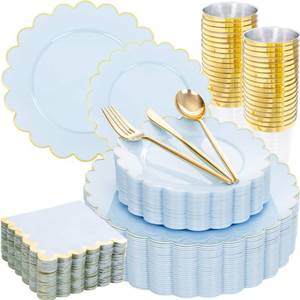 lot 19800 image: LIYH 210 Pcs Light Blue Plastic Dinnerware Set - Baby Blue Plastic Plates Napkins with Gold Foil Include Bridal Shower Plates Disposable Gold Silverware Napkins Cups for Birthday 30 Guests