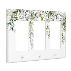 lot 20189 image: Sage Green Watercolor Plant Leaves with Floral 3 Gang Rocker Light Switch Plate Triple Decora Outlet Wall Cover Faceplate Decorative Wallplate for Bathroom Home Bedroom Decorate