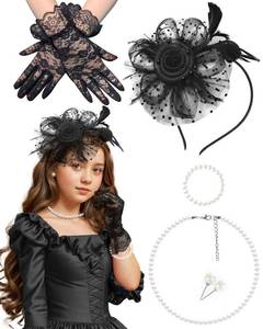 lot 20201 image: Girls Black Tea Party Fascinators Hats with Lace Gloves Pearl Necklace Earring Jewelry for Tea Party Wedding Accessories