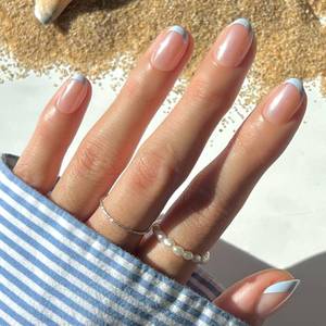 lot 20218 image: Glamnetic Press On Nails - Into Blue  Glazed Short Oval Fake Nails with Periwinkle French Tips, Salon Quality Summer Nails  15 Sizes - 30 Nail Kit with Glue (Not all Pieces Guaranteed)