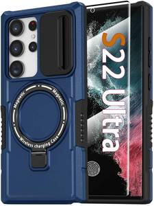lot 20256 image: Magnetic Case for Samsung Galaxy S22 Ultra 5G with Ring Stand Compatible with MagSafe Wireless Charging Screen Protector Military Grade Heavy Duty Shockproof Case with Slide Camera Cover, Blue
