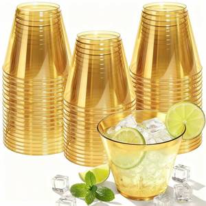 lot 20258 image: Glowserve 9 oz Clear Plastic Cups Glod Plastic Disposable Cups for Cocktail 50 Pack Fancy Cocktail Cup for Party Stemless Wine Glasses for Party Wedding Graduation Birthday