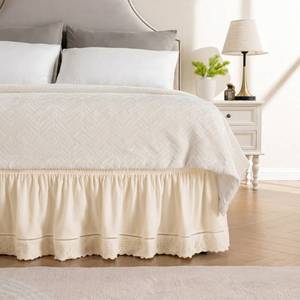 lot 20263 image: MIYE Wrap Around Ruffled Lace Bed Skirt, Elastic Dust Ruffle with Adjustable Belts, Easy to Put On, Bed Frame Cover, Machine Washable (EmbroideredLight Beige, KingQueen-12.5 Drop)