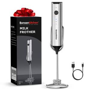 lot 2163 image: Bonsenkitchen Rechargeable Milk Frother with Stand, 3-Speed Handheld Coffee Frother, Dual Spring Whisk Electric Hand Frother Wand Drink Mixer for Matcha Lattes Cappuccino, Kitchen Gifts