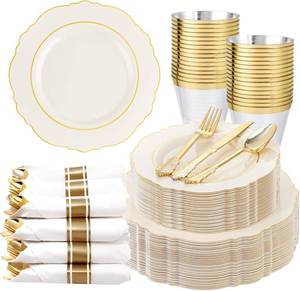 lot 3276 image: Liacere 350PCS Ivory Plastic Plates-Cream Disposable Plates With Gold Rim-50Guest Baroque Plastic Dinnerware include 100 Plates - 50 Pack Pre Rolled Napkins Silverware 50Cups for Wedding��Mothers Day