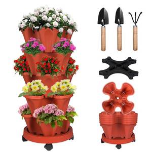 lot 3279 image: Bociks Vertical Strawberry Planter 5 Tier Stackable Tower Herb Planters Stacking Outdoor Garden Planters Pot With Tools Mover For Growing Flowers, Vegetables and Succulents