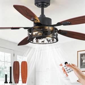lot 3282 image: Criticn 52 Rustic Ceiling Fan with Light - Bear Deer Design, 6 Speeds Reversible DC Motor Farmhouse Industrial Black Ceiling Fans Remote Control for Bedroom, Living Room, Kitchen