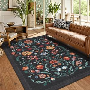 lot 3283 image: GarveeHome Washable Rug 5x7 Area Rugs for Living Room, Floral Rug for Bedroom, Soft Boho Non Slip Throw Rugs with Rubber Back, Low Pile Stain Resistant Vintage Floral Carpet for Dining Room, Black