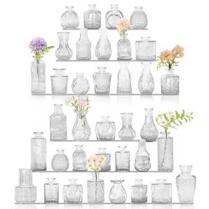 lot 3295 image: 36Pcs Bud Vases Set Small Vintage Glass Bottles Clear Bud Vases in Bulk Multiple Shape Cute Glass Vases for Rustic Wedding Centerpieces Table Decorations and Home Decor(Clear)