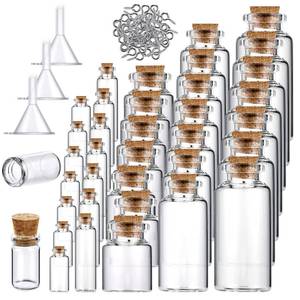 lot 3297 image: Geiserailie 45 Pcs Mini Glass Bottles with Cork Stoppers Spell Jar Mini Glass Vials Potion Bottles Clear Wishing Jars with 50 Eye Screws 3 Funnels for Party Favors DIY Art Crafts Decoration(Medium)