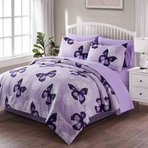 lot 3304 image: ARTALL Bed in A Bag FullQueen Size 8 Pieces, Purple Butterfly All Season Bedding Comforter Bed Set with Pillow Shams, Flat Sheet, Fitted Sheet, Bed Skirt, Pillowcases