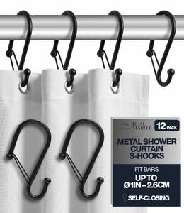 lot 4017 image: Blau Marit� Set of 12 Black Metal S Hook Shower Hooks 1 �� Closed, Heavy Duty, Long Decorative Shower Curtain Hooks, Easy Glide, Buckle, Large Rust Resistant Rings for Bathroom Rods (Black, S)