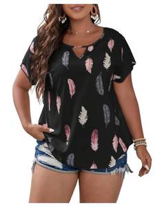 lot 4024 image: SOLY HUX Plus Size Blouses for Curvy Women Cute Boho Print Shirts V Neck Casual Summer Blouses T-Shirts Tops Black Multi Feather XX-Large Plus