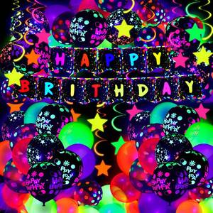 lot 4054 image: Jetec 71 Pcs Neon Birthday Party Supplies Decorations Include Clear Glow in The Dark Balloons, UV Neon Balloons, Star Hanging Swirls, Rave Theme Birthday Decor Banner Accessories Supplies
