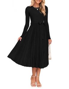lot 4058 image: ZESICA Womens Spring Long Sleeve Sweater Dress 2025 Casual Crewneck Knit Belted Pleated A Line Flowy Party Midi Dresses Black Large