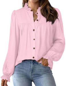 lot 4069 image: Womens Tops Blouses Dressy Casual Button Down Long Puff Sleeve Elegant Retro Pleated Office Shirts Top Pink M
