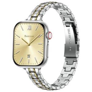 lot 4078 image: BAITEYOU Narrow Metal Band Compatible with Apple Watch Bands 38mm 40mm 41mm 42mm (Series 11 10), iwatch Stainless Steel Slim Thin Bands Series 9 8 7 SE 6 5 4 3 2 1 for Women, Silver Gold