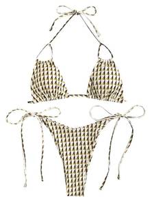lot 4079 image: ZAFUL Womens Printed Triangle Bikinis 2 Piece Halter Bikini Sets High Cut Bathing Suit Side Tie Swimsuits Yellow Geometric S