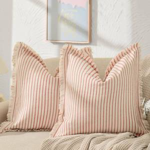 lot 4461 image: ZWJD Red Throw Pillow Covers 18x18 Set of 2 Striped Pillow Covers with Fringe Chic Cotton Decorative Pillows Square Cushion Covers for Sofa Couch Bed Living Room Farmhouse Decor