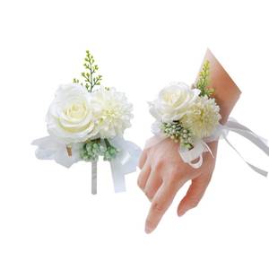 lot 4478 image: 2 Pack Flower Wrist Corsage Boutonniere Set,3 Artificial Rose and Carnation Handmade Silk Flower for Wedding Flowers Accessories Prom Suit Decor(White)