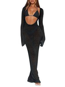 lot 4506 image: Womens 3 Piece Swimsuit Set Long Sleeve Sheer Mesh Cutout Maxi Dress Cover Up with Triangle Bikini Beach Vacation Pool Bathing Suit Swimwear Black Small