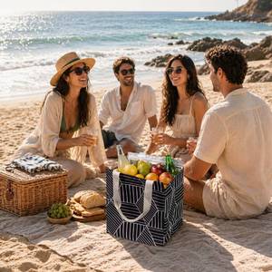 lot 6050 image: iknoe Insulated Lunch Bag for Women & Adults, 9L Foldable Wide-Open Cooler Bag with Pockets, Leakproof & Portable, for Picnic, Office, Beach, Black Rhombus