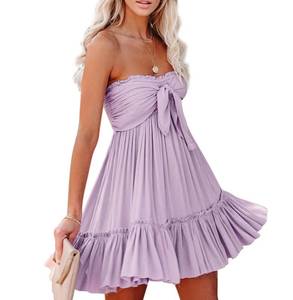lot 6056 image: R.Vivimos Womens Summer Cotton Boho Beach Sleeveless Tie Front Mini Dress Tube Top Dress (Small, Light Purple)