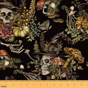 lot 6077 image: Feelyou Sugar Skull Upholstery Fabric for Chairs Death Moth Fabric By The Yard Teens Room Decor Flroal Leaf Print Decorative Soft Flannel 1 Yard Natural Theme
