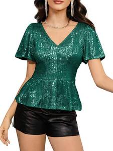 lot 6355 image: YHHOWEP Womens Sparkle Sequin Tops Glitter Elegant Dressy Sequence Blouses Club Party Evening Concert Disco Shirt Dark Green L